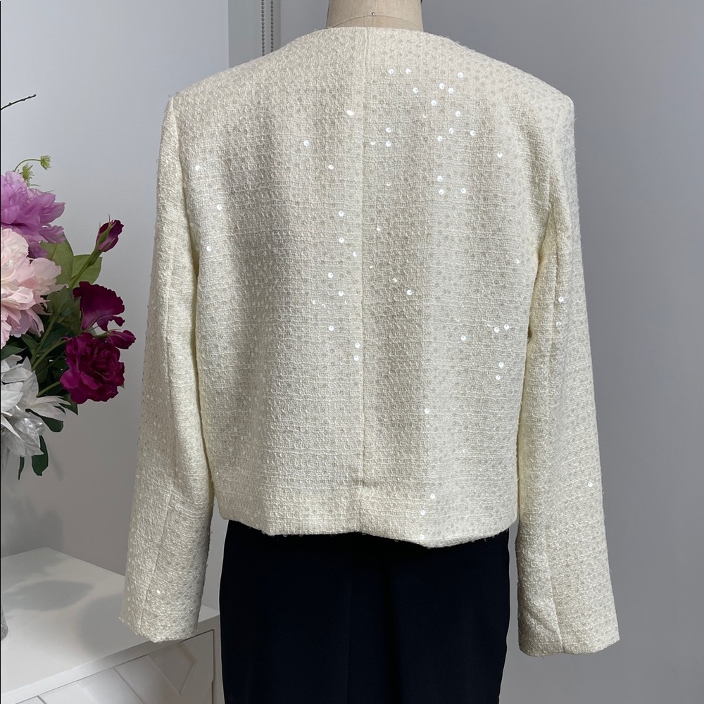 NWT Ivory Cream Sequin Blazer Style Jacket with Satin Black Bows - size LARGE - Picture 6 of 6